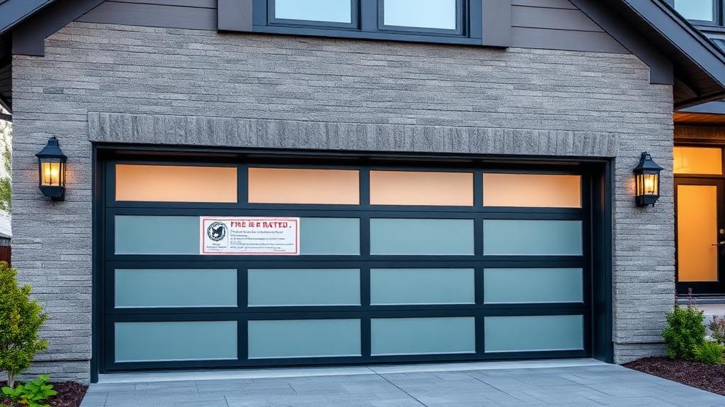 Fire-rated garage door with safety certification label on modern home