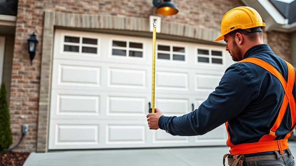 Professional contractor measuring a garage door opening with tape measure