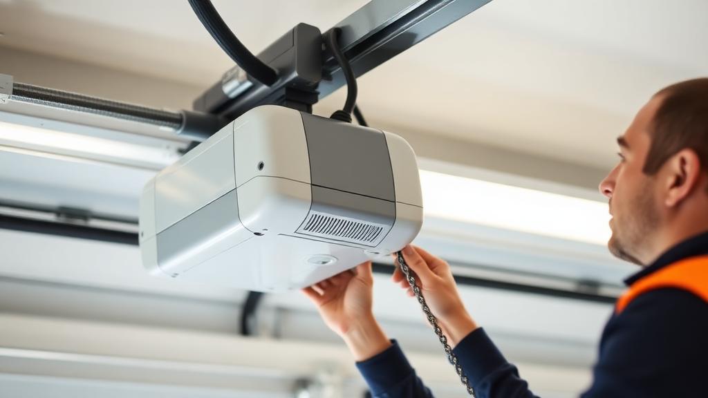 Technician testing garage door opener motor unit and chain drive mechanism