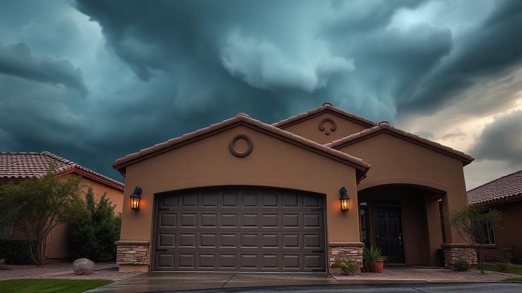 Storm clouds approaching a well-maintained garage door on a Southwest style home