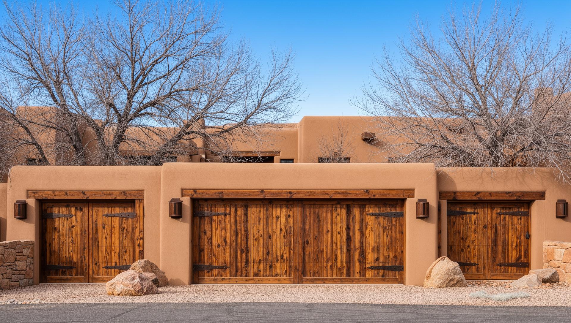 Premium rustic wood grain garage doors with iron strap hinges on Southwest adobe home